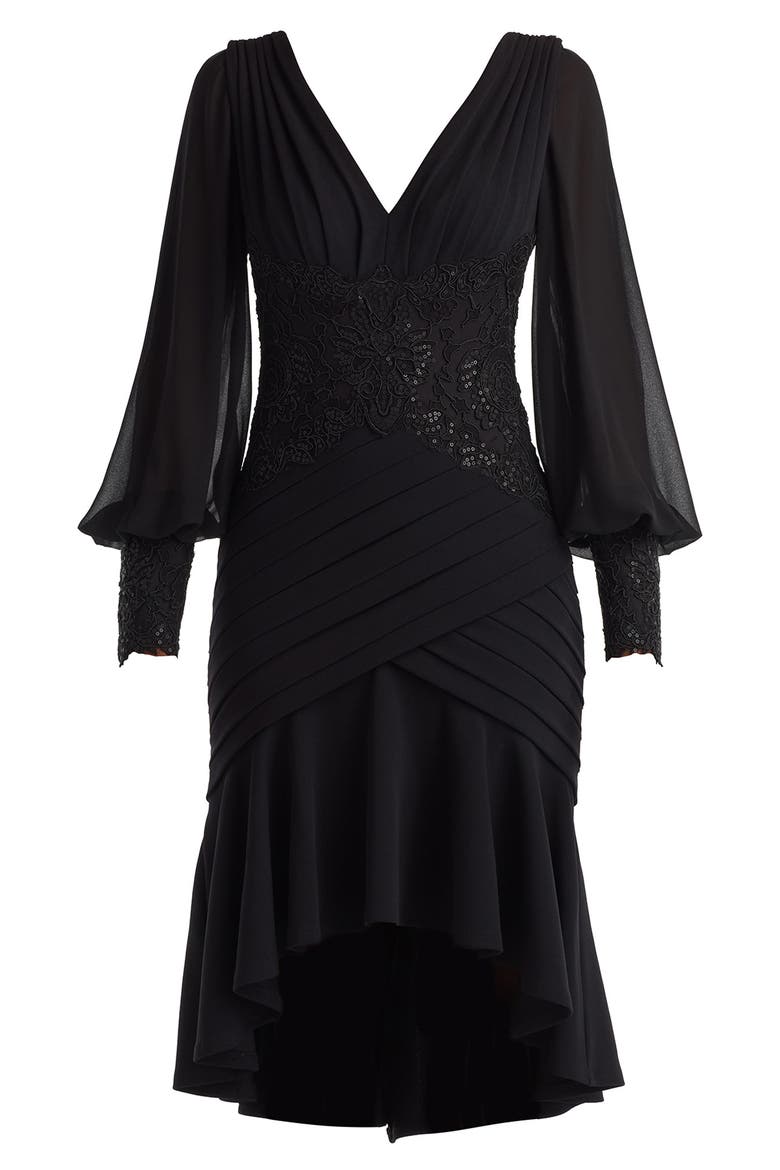 Sequin Lace Detail Long Sleeve High-Low Cocktail Dress, Alternate, color, BLACK