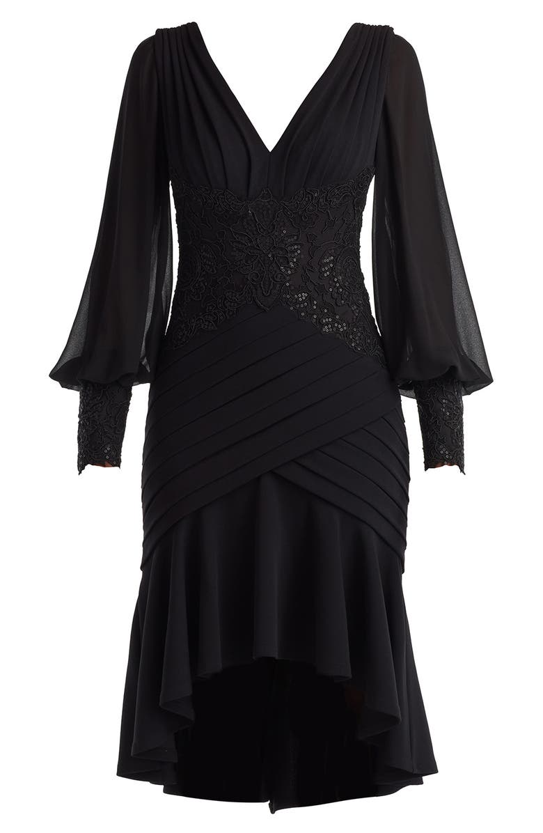 Tadashi Shoji Sequin Lace Detail Long Sleeve High-Low Cocktail Dress, Alternate, color, Black