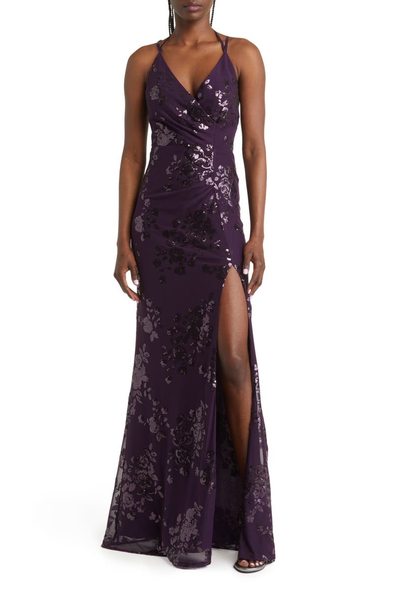 Sequin Ruched Mesh Dress, Alternate, color, EGGPLANT