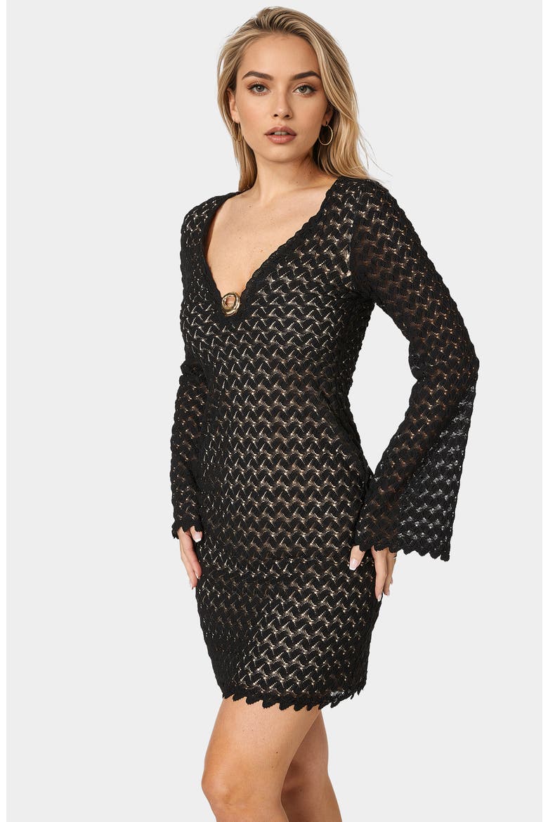 Lace Bell Sleeve Minidress, Alternate, color, BLACK/ NUDE
