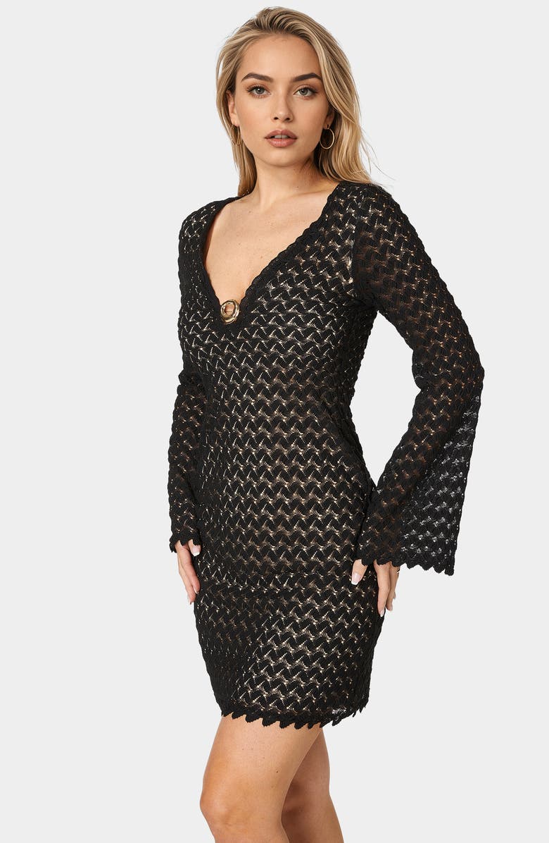 bebe Lace Bell Sleeve Minidress, Alternate, color, Black/ Nude