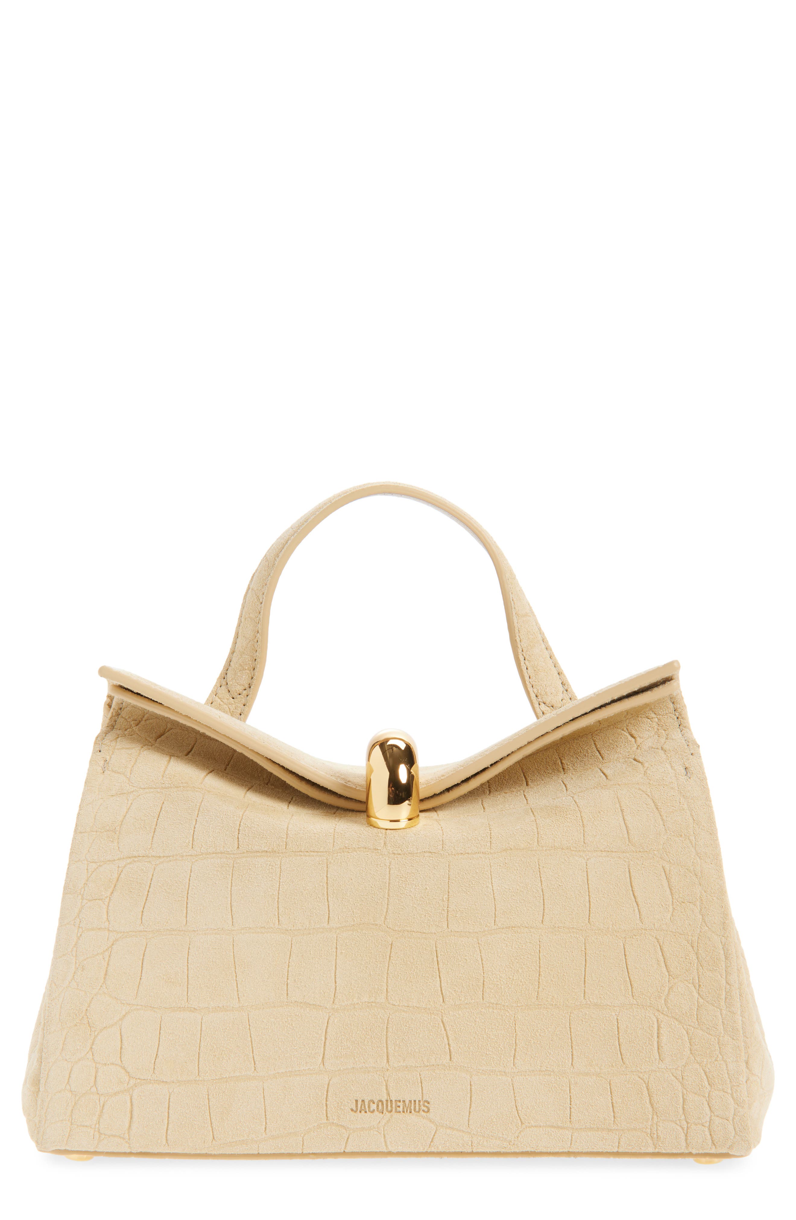 Jacquemus Le Petit Valerie Croc Embossed Suede Top Handle Bag, Main, color, Beige 150