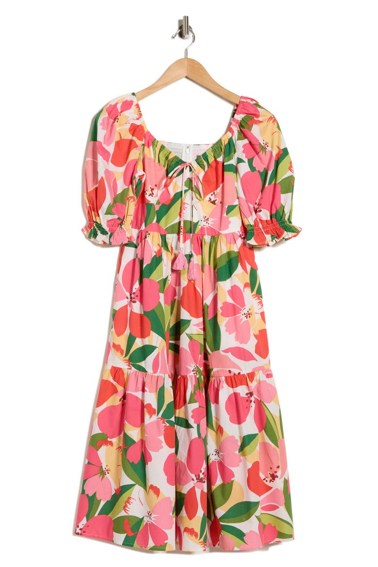 Print Puff Sleeve Midi Dress, Alternate, color, PINK MULTI