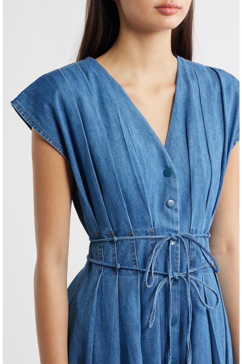 Pleat Denim Midi Shirtdress, Alternate, color, INDIGO