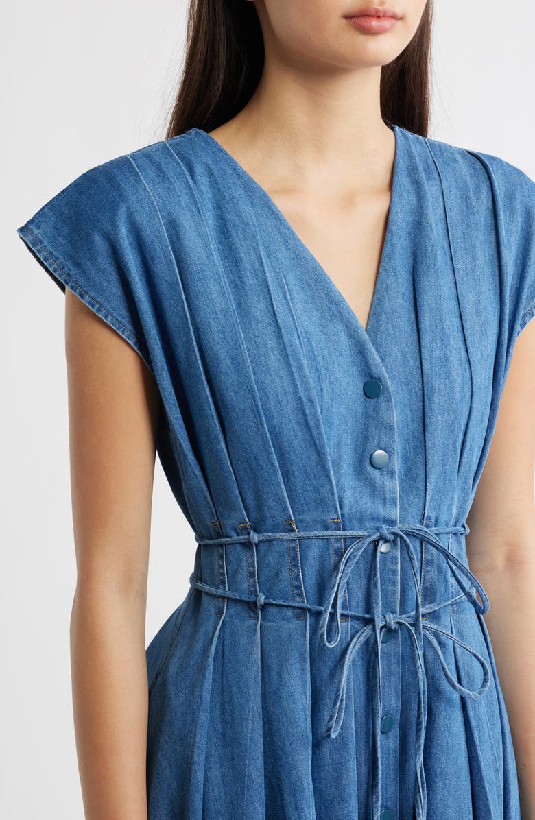 FREEMARKET Pleat Denim Midi Shirtdress, Alternate, color, Indigo
