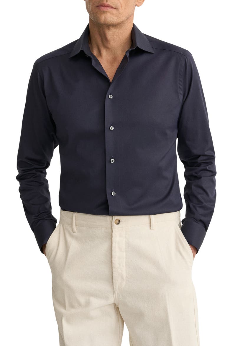 Contemporary Fit Solid Navy Cotton Twill Dress Shirt, Main, color, NAVY