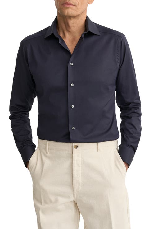 Contemporary Fit Solid Navy Cotton Twill Dress Shirt (Regular & Big)