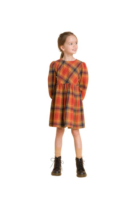 Girls
 Long Sleeve Plaid Flannel Dress, Orange