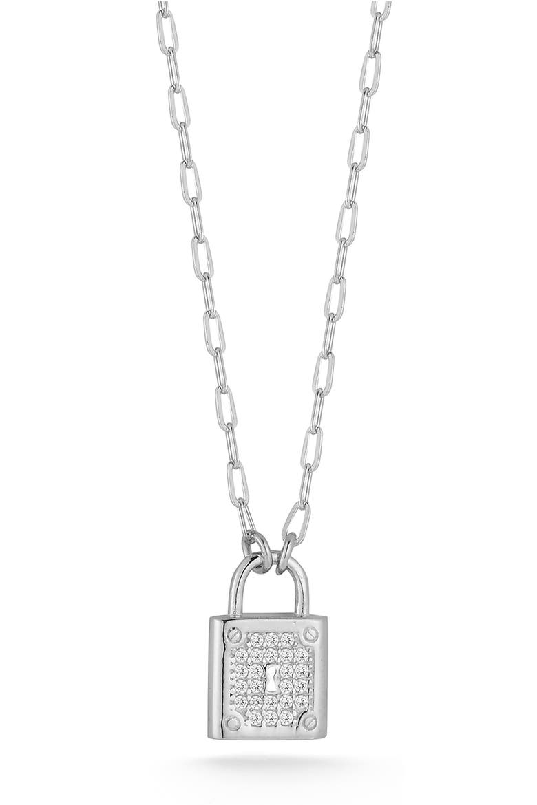 Pavé Cubic Zirconia Padlock Pendant Necklace, Main, color, SILVER