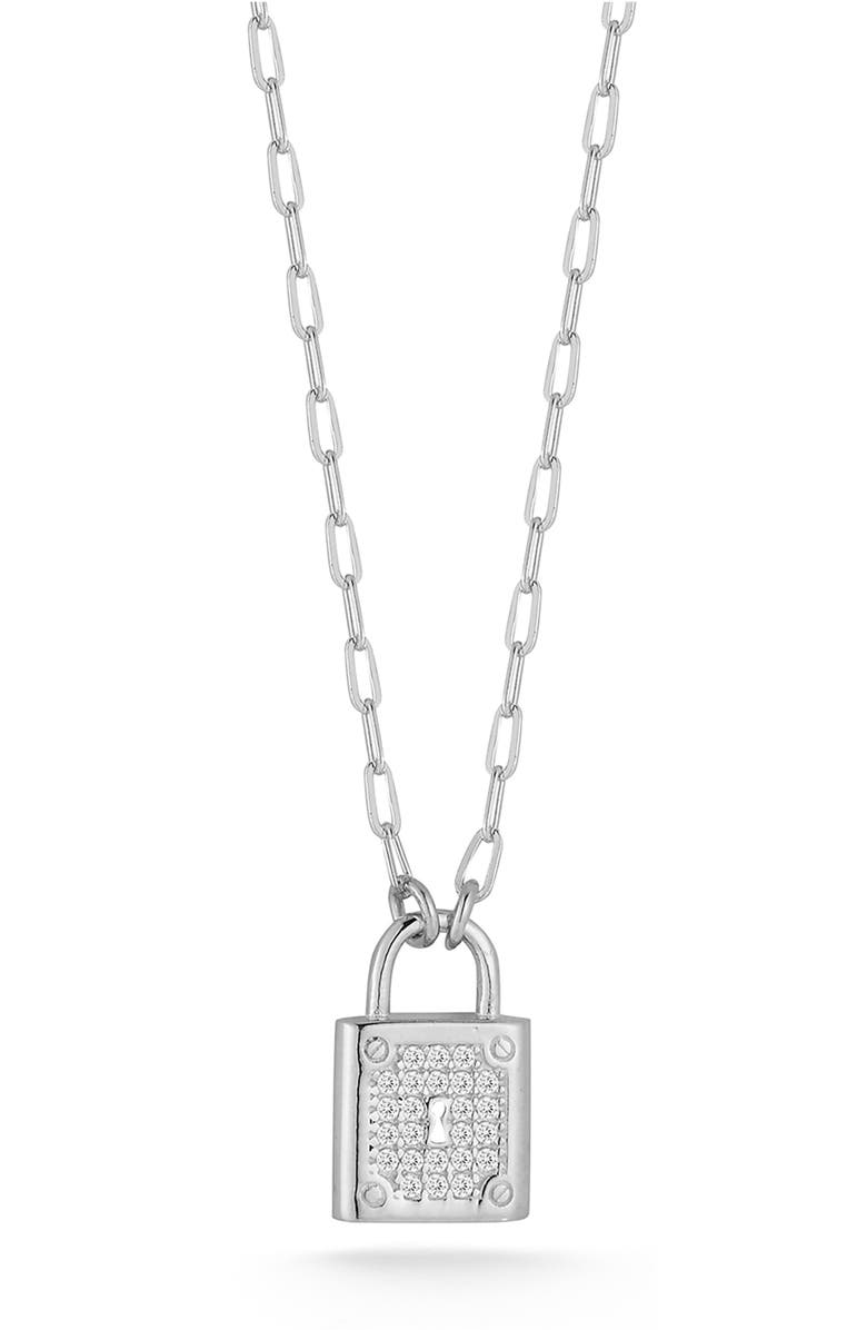 GLAZE JEWELRY Pavé Cubic Zirconia Padlock Pendant Necklace, Main, color, Silver