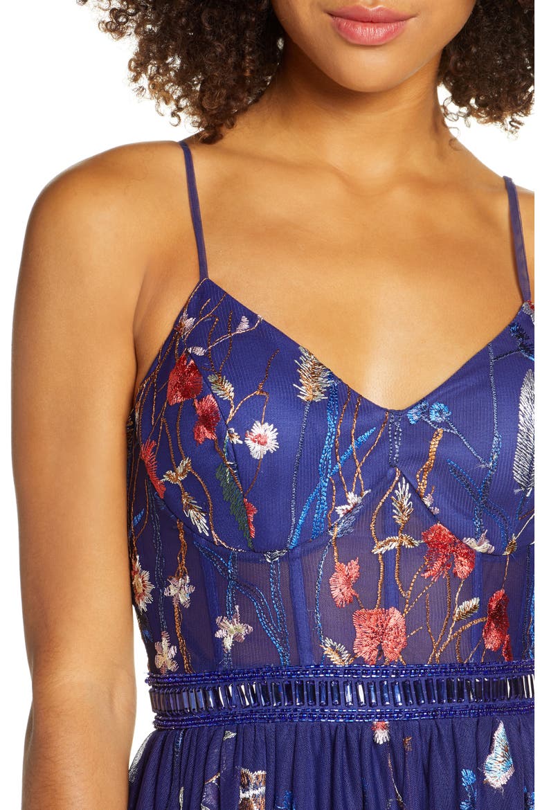 Embroidered Mesh Bustier Gown, Alternate, color, INDIGO
