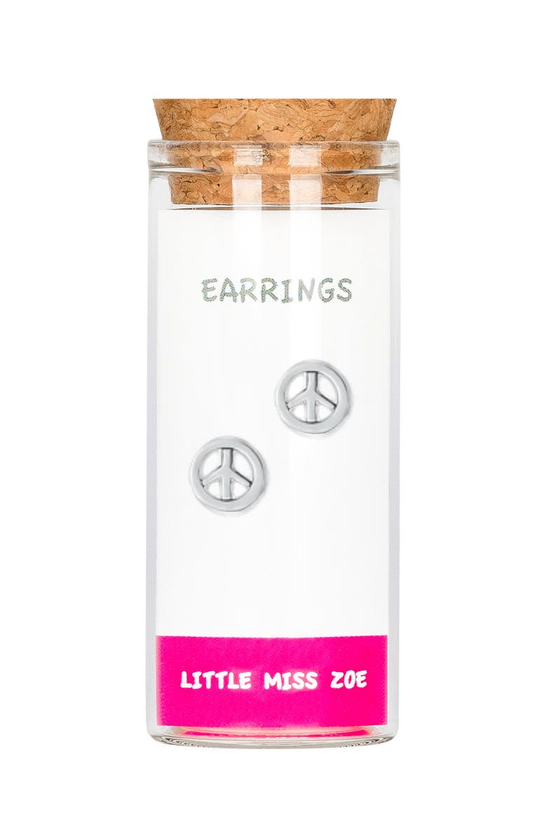 Little Miss Zoe Kids' Sterling Silver Peace Stud Earrings in Gift Bottle, Main, color, Silver
