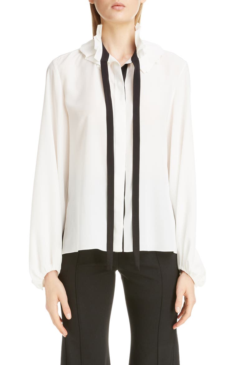 Ruffle Tie Neck Silk Blouse, Main, color, ICONIC MILK