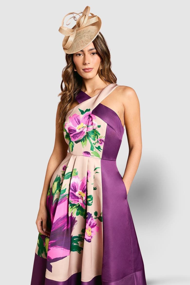 Printed Cross Neck Satin Midi Dress, Alternate, color, Purple