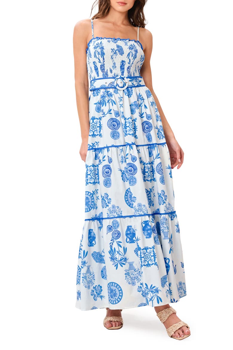 Mixed Print Tiered Cotton Maxi Dress, Main, color, IVORY BLUE