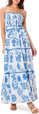 FLYING TOMATO Mixed Print Tiered Cotton Maxi Dress