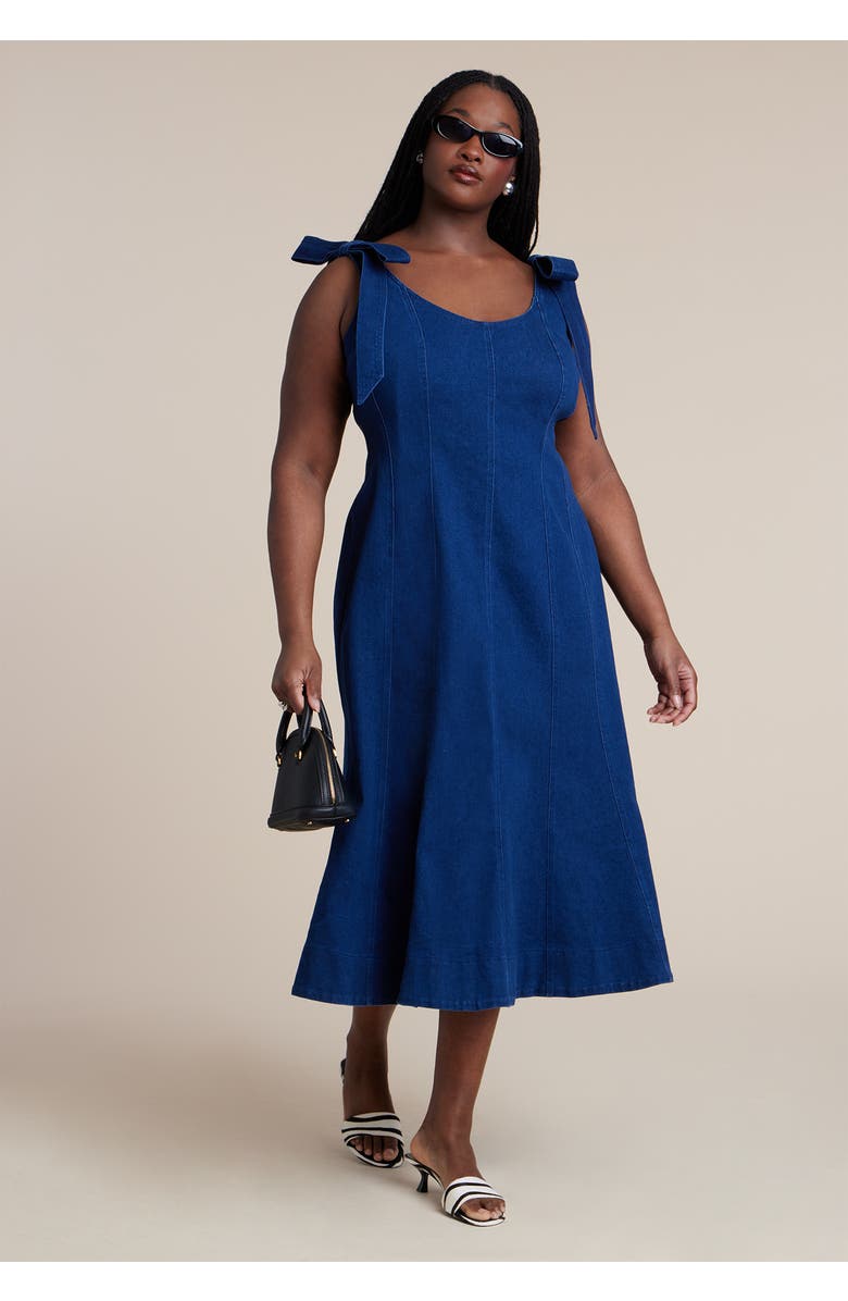 ELOQUII Denim Trumpet Dress, Alternate, color, Medium Wash