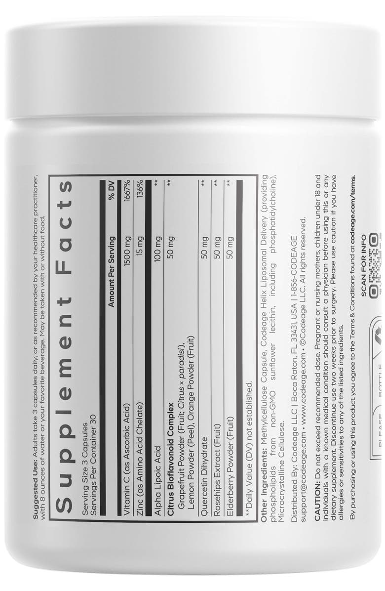 Codeage Liposomal Vitamin C, Zinc, Elderberry, Citrus Bioflavonoids, ALA, Quercetin, Alternate, color, White