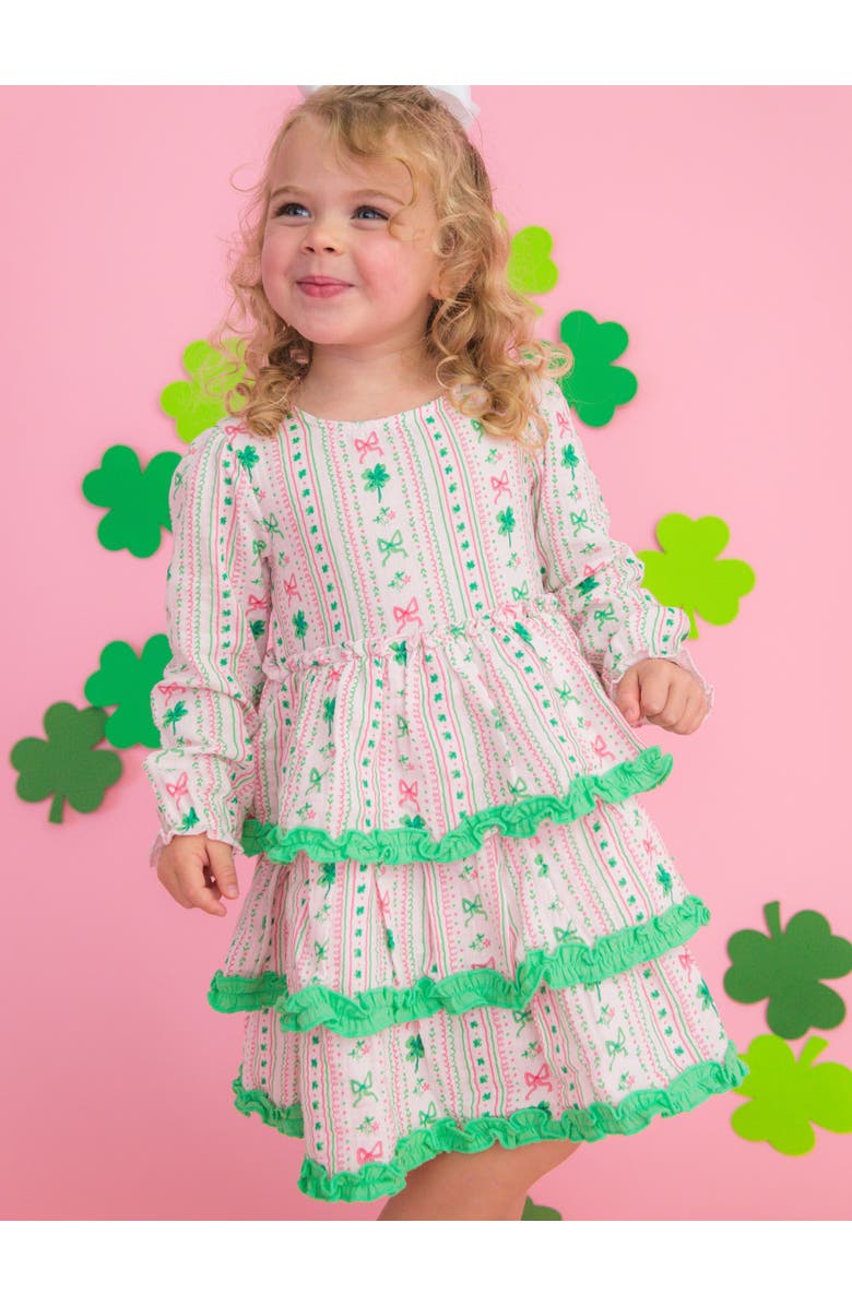 RuffleButts Cotton Gauze Tiered Ruffle Dress, Alternate, color, Clover Bows & Wishes
