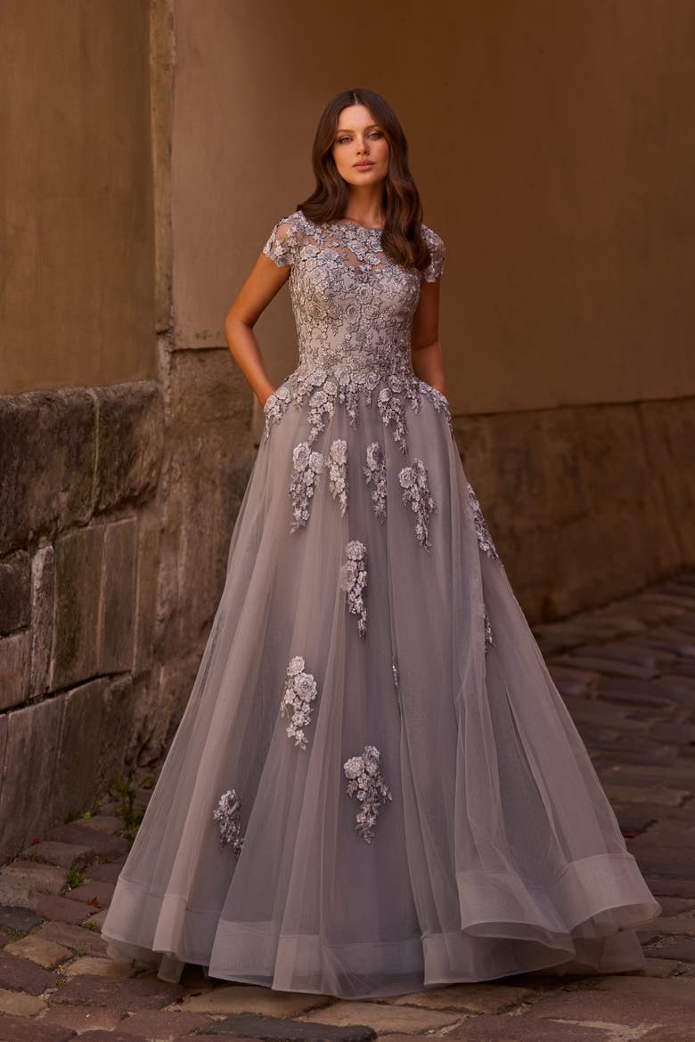 Long Tulle Gown with Intricate Lace Detailing, Alternate, color, Silver