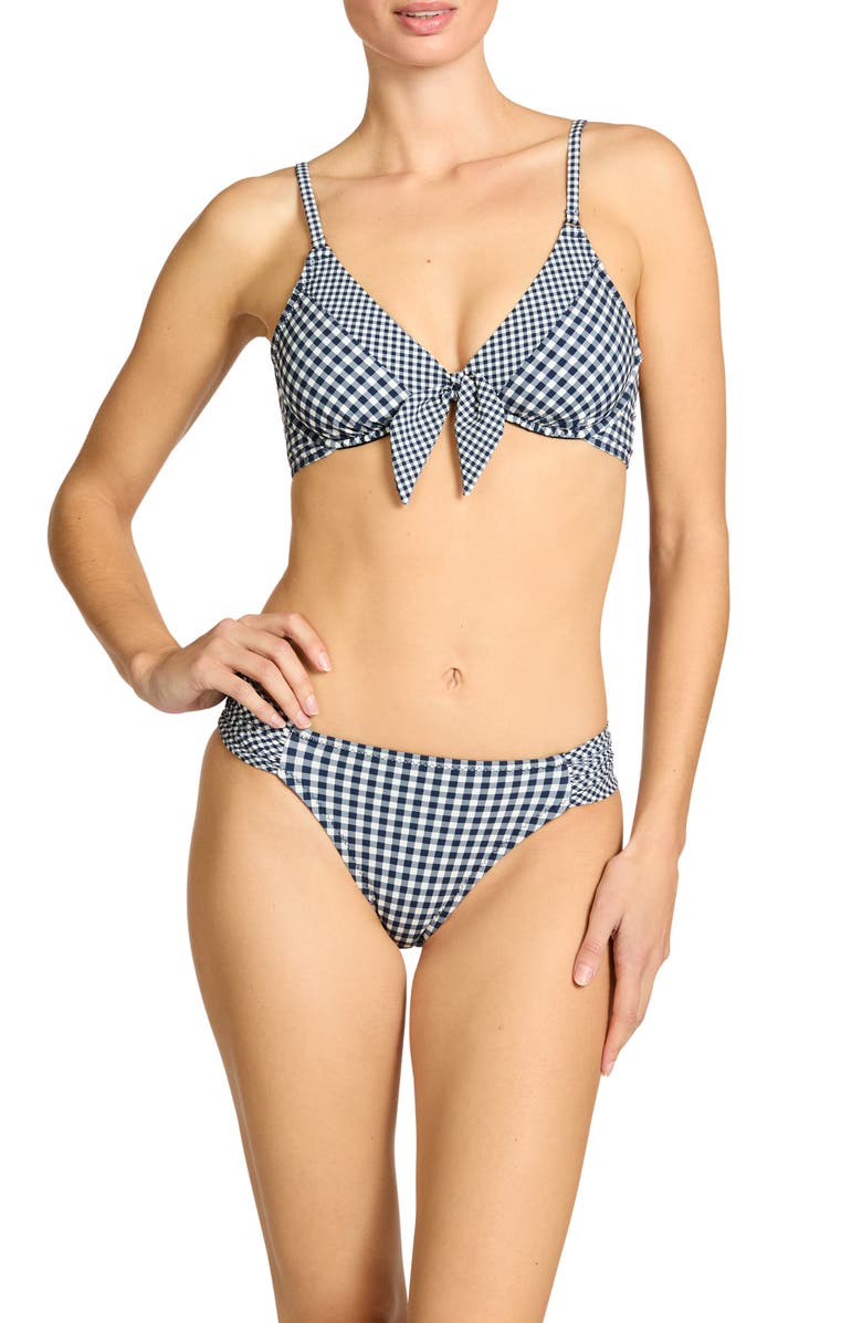 Robin Piccone Brigitte Tab Side Hipster Bikini Bottoms, Alternate, color, Navy/ Cream
