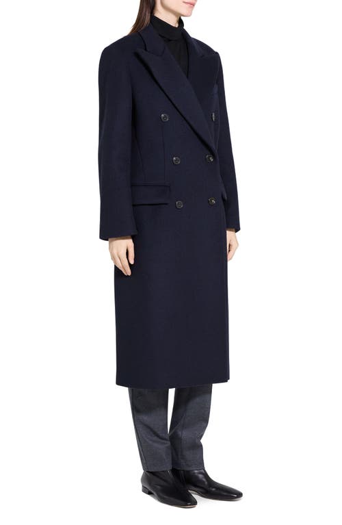 Theory Peak Lapel Double Breasted Wool Blend Coat In Blue