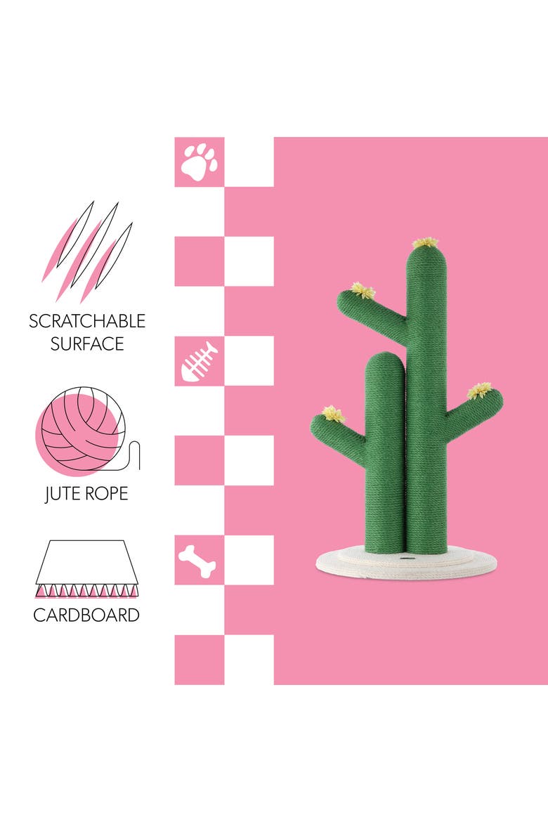Socorro 34.25" Modern Jute Double-Cactus Cat Scratching Post with Flower Toys, Alternate, color, Green