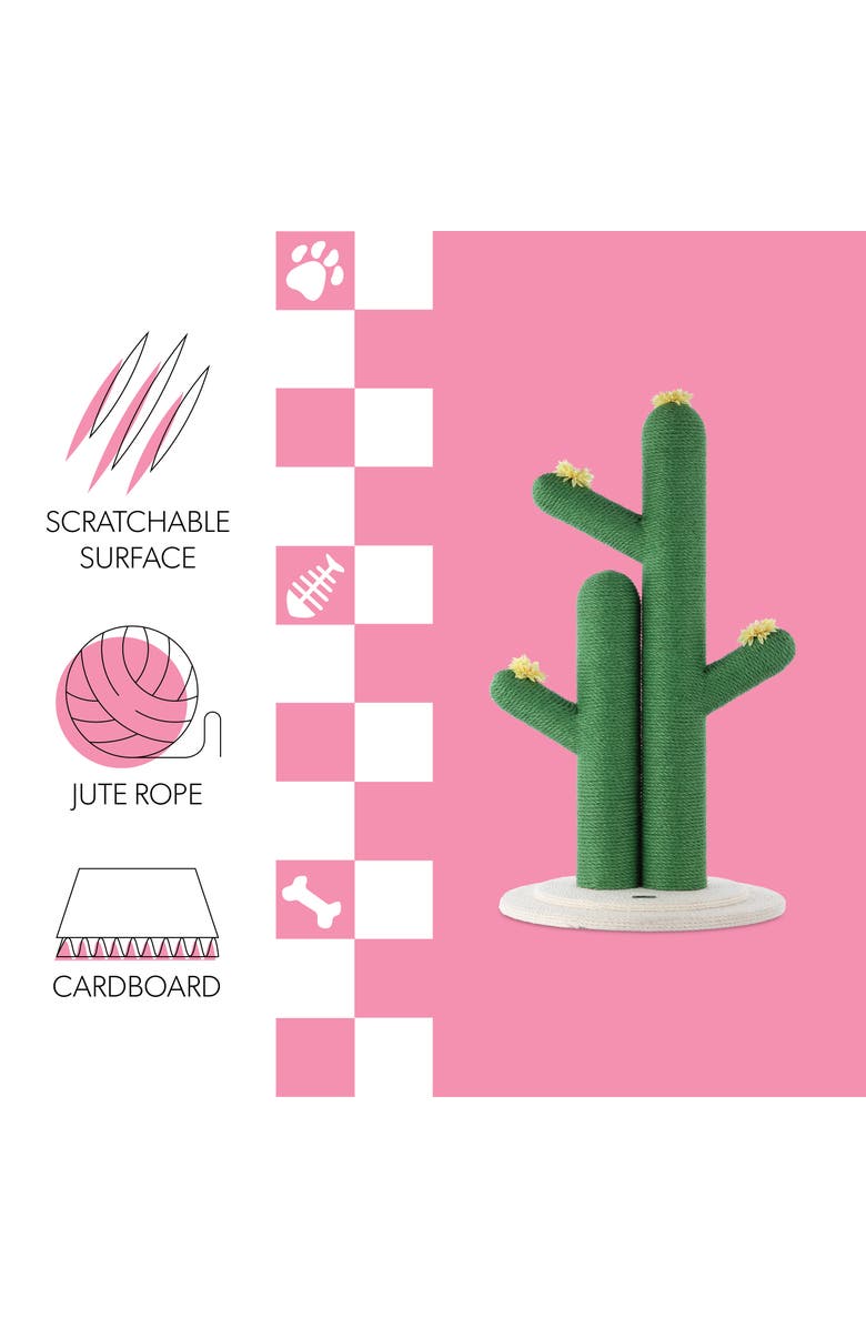 The Licker Store Socorro 34.25" Modern Jute Double-Cactus Cat Scratching Post with Flower Toys, Alternate, color, Green
