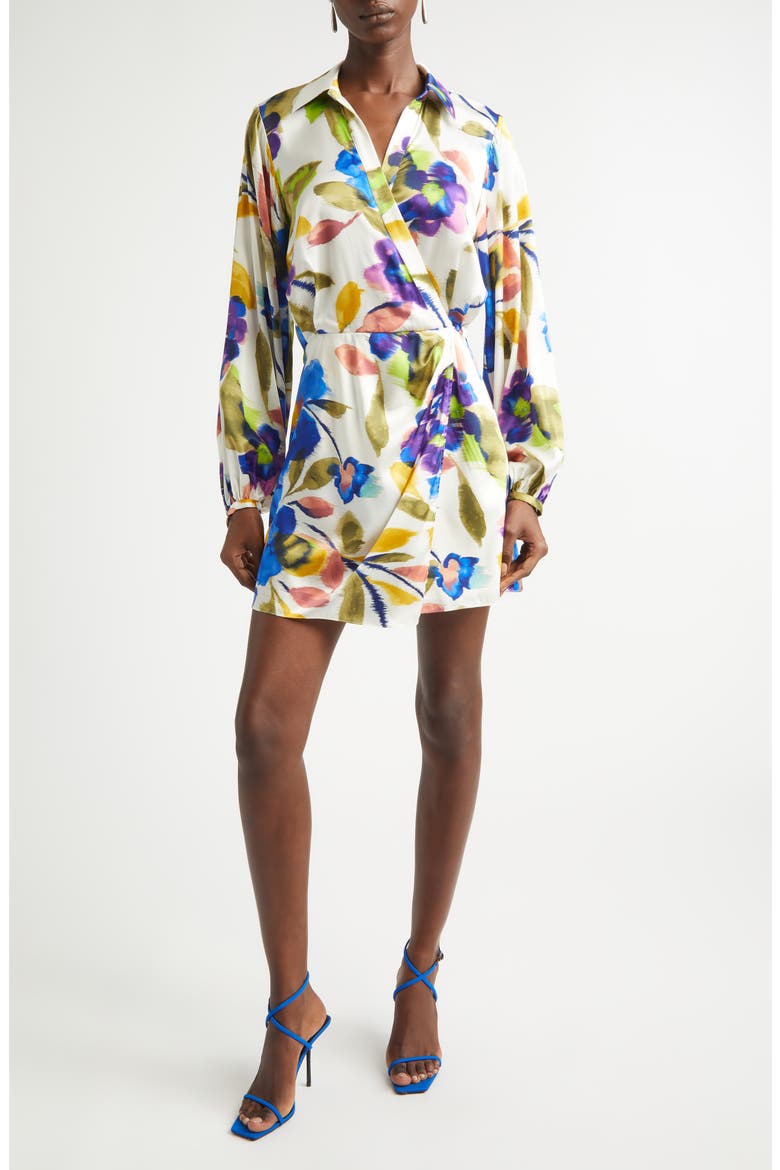 Printed Carolyn Wrap Front Long Sleeve Silk Blend Dress, Main, color, IVORY FLORAL SILK