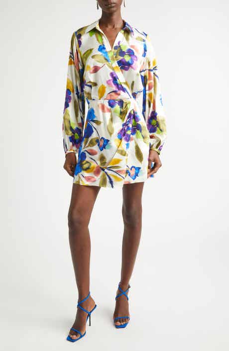 Printed Carolyn Wrap Front Long Sleeve Silk Blend Dress