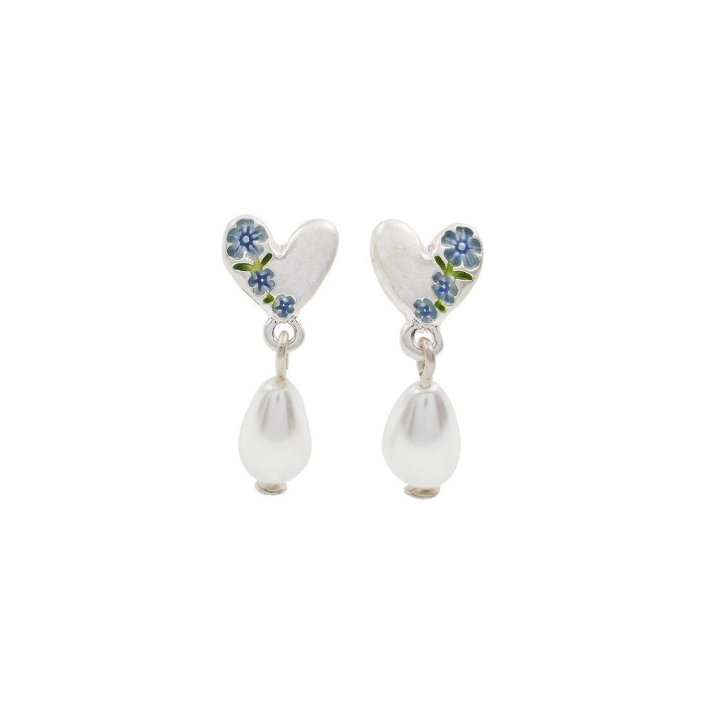 Fable England Forget-me-not Heart & Pearl Earrings Silver