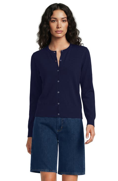 Fine Gauge Cotton Crew Cardigan Sweater