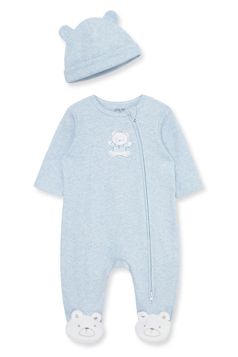 Blue Bear Embroidered Cotton Rib Footie & Hat Set (Nordstrom Exclusive), Main, color, BLUE