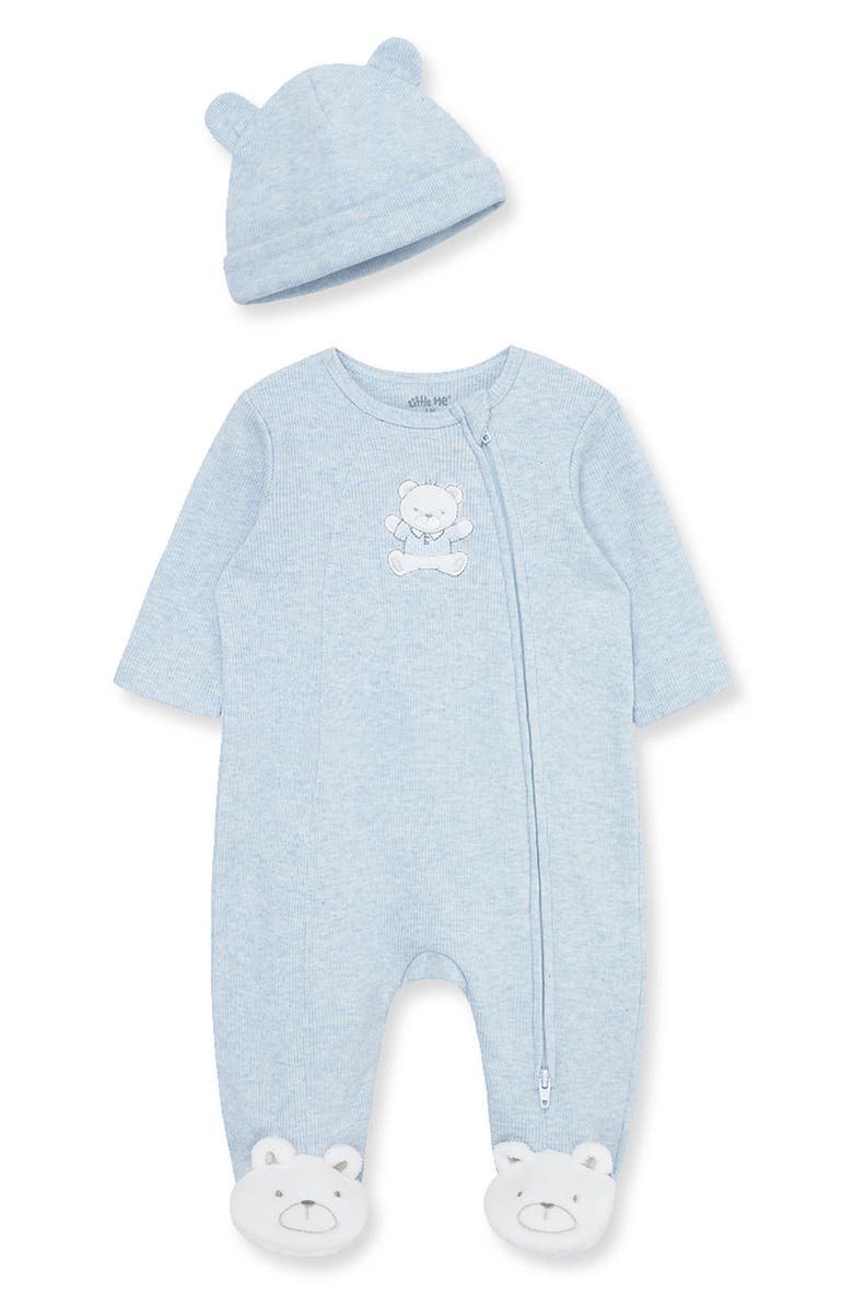 Little Me Blue Bear Embroidered Cotton Rib Footie & Hat Set, Main, color, Blue