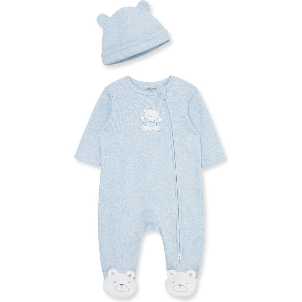 Little Me Blue Bear Embroidered Cotton Rib Footie & Hat Set  product