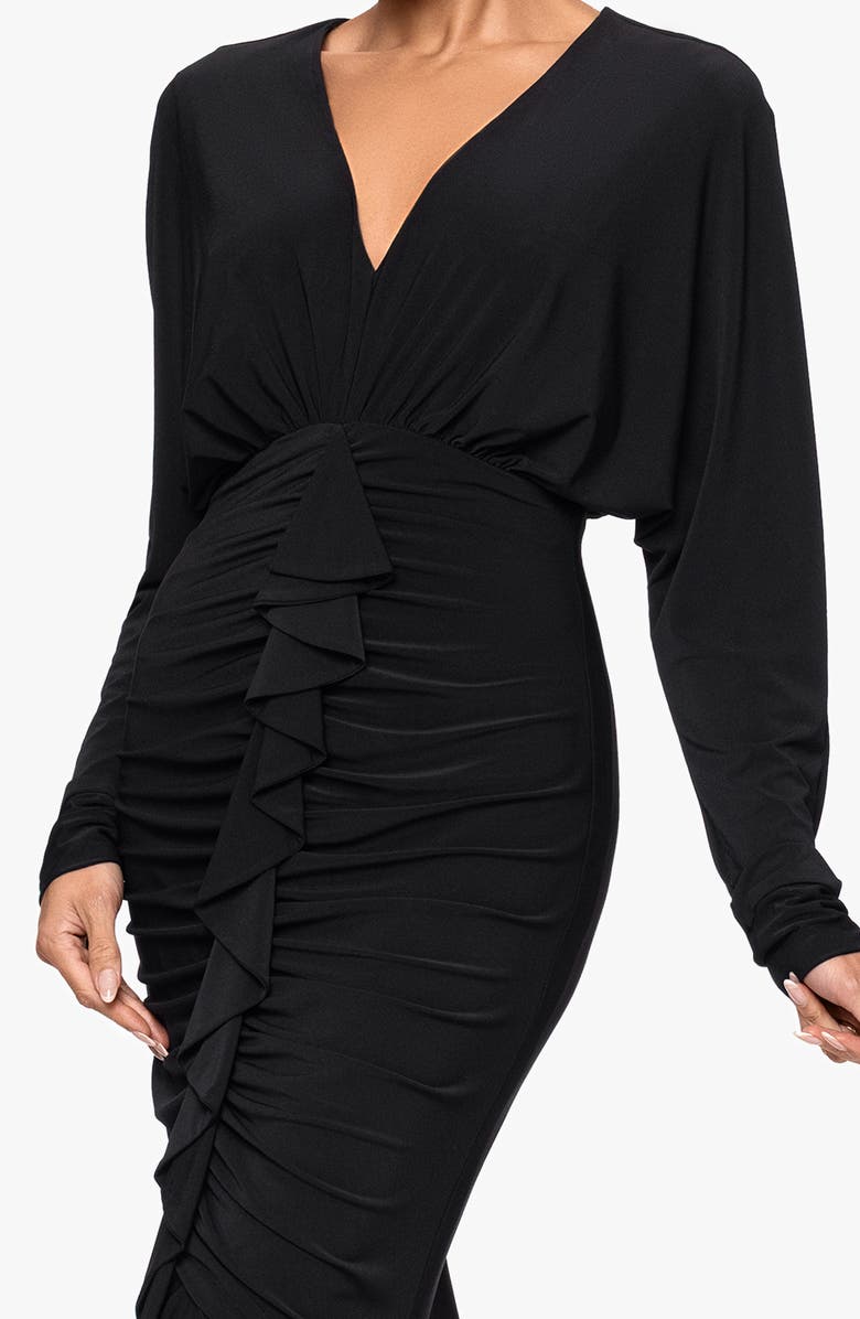 Xscape Evenings Plunge Neck Long Sleeve Ruched High-Low Gown, Alternate, color, Black
