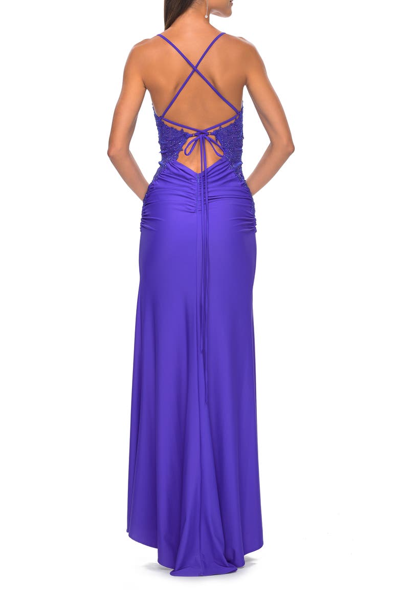 Jersey Prom Dress with Illusion Sides and V-Neckline, Alternate, color, Royal Blue