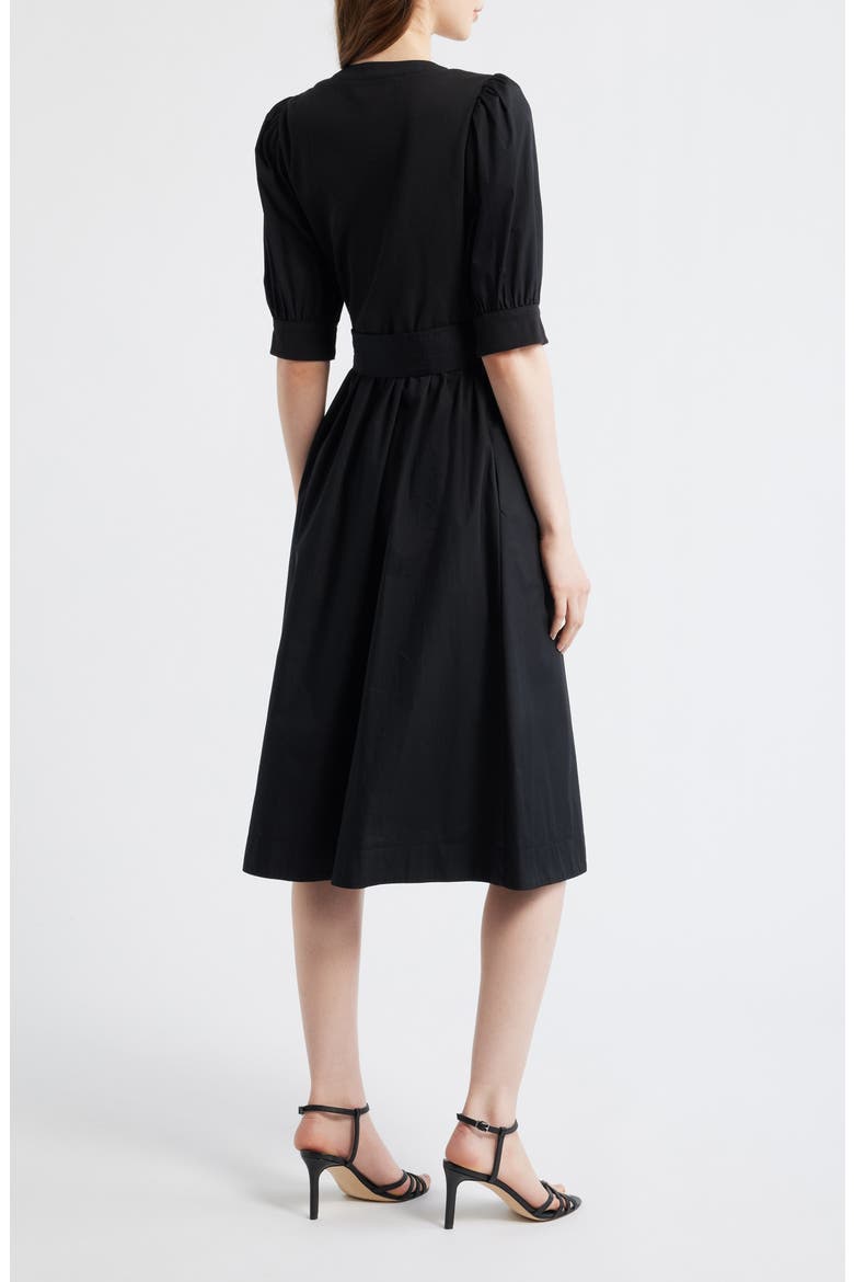 Twofer Mixed Media Belted Midi Dress, Alternate, color, BLACK