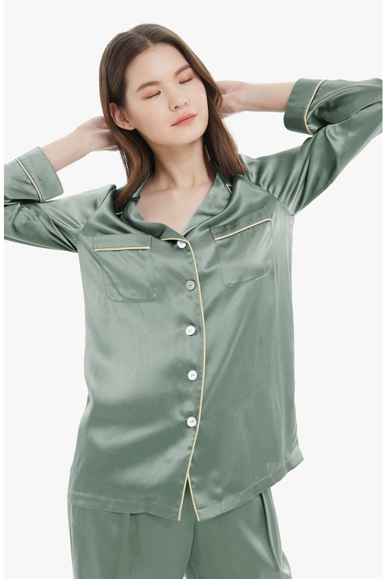 Women's Gold Piping Silk Pajamas Set, Alternate, color, Avocado Green