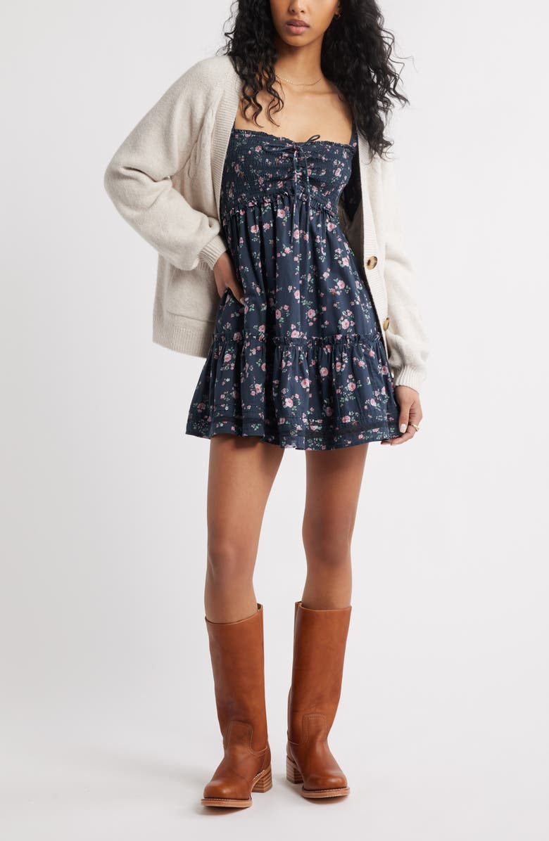 BP. Long Sleeve Fit & Flare Minidress, Alternate, color, Navy- Pink Cottage Garden