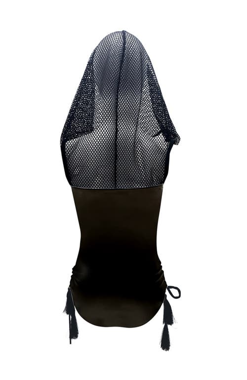 Nessi Byrd Sport Mesh Hooded With Tassel Side-ties One-piece Swimsuit In Black