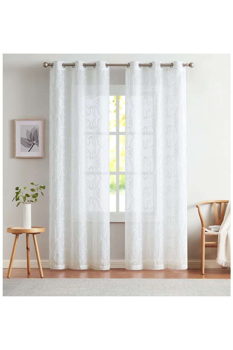 Set of 2 Embroidered Sheer Curtain Panels, Main, color, WHITE