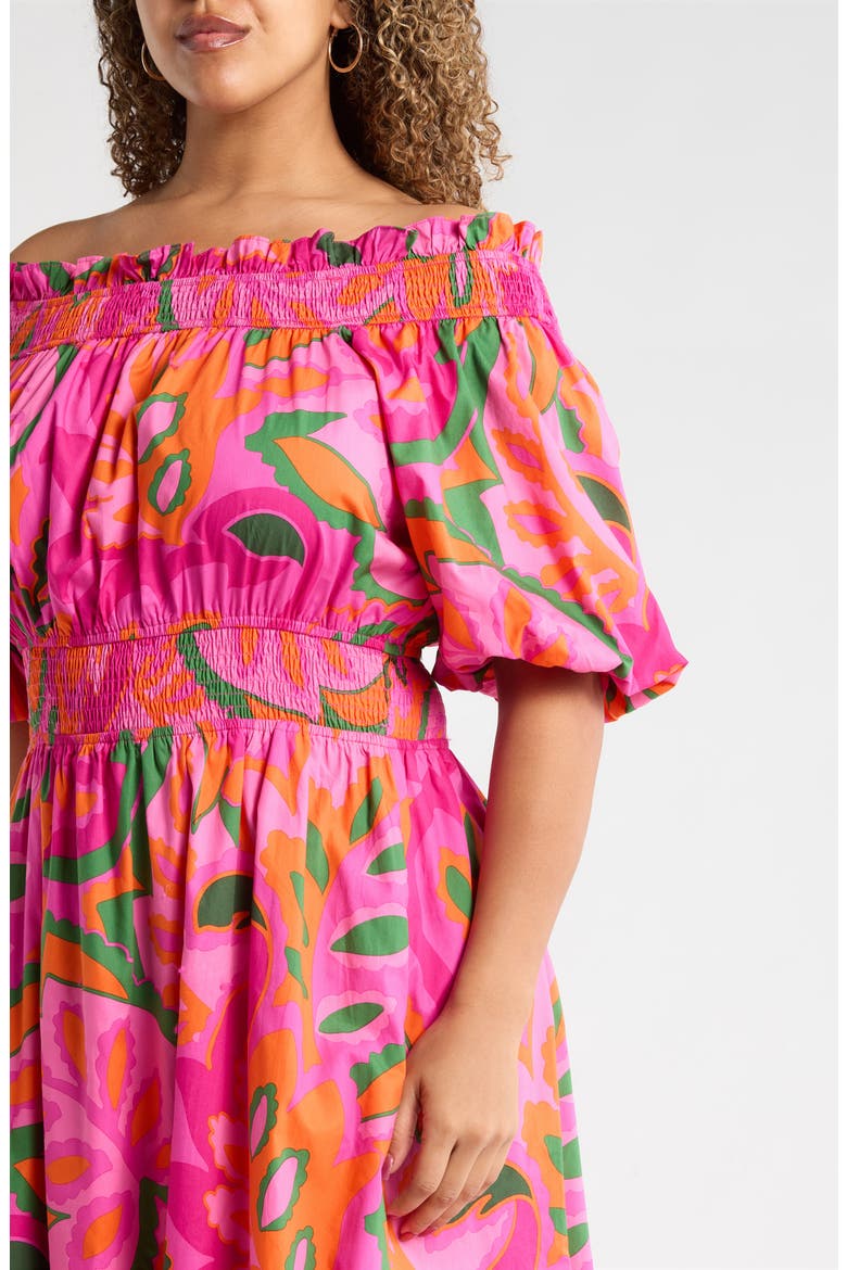 Magna Town Off the Shoulder Cotton Midi Dress, Alternate, color, PINK-MULTI