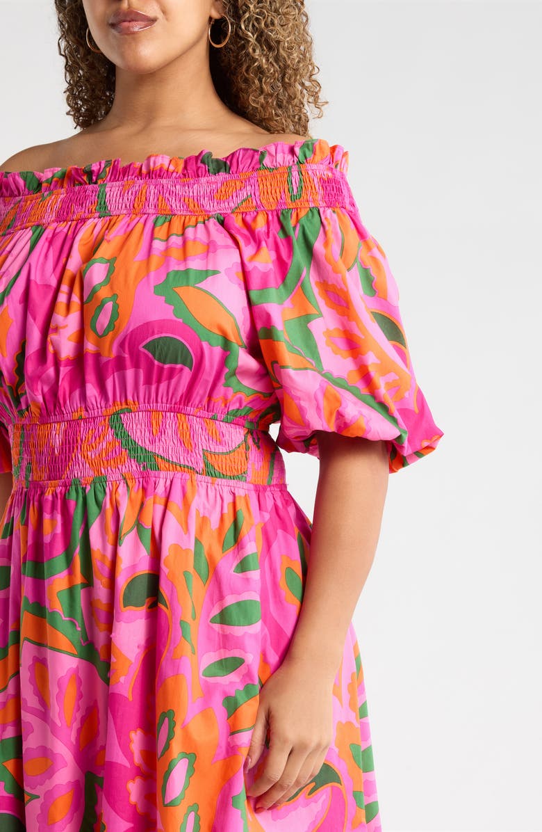 SUGARLIPS Magna Town Off the Shoulder Cotton Midi Dress, Alternate, color, Pink-Multi