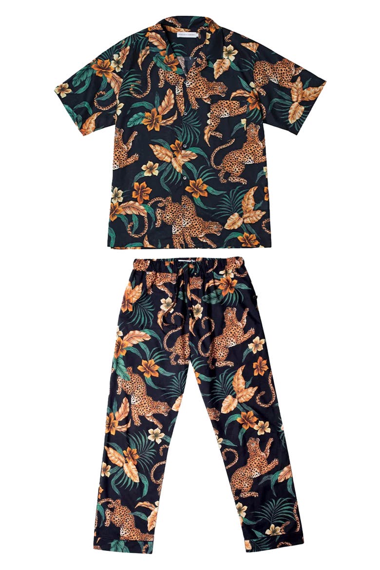 Cheetah Print Short Sleeve Cotton Pajamas, Alternate, color, BLACK/ YELLOW