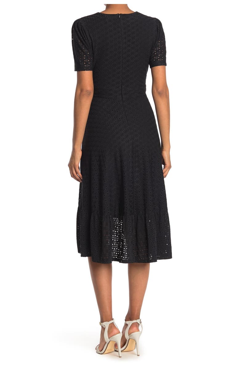 London Times Stretch Eyelet Short Sleeve Ruffle Wrap Dress, Alternate, color,