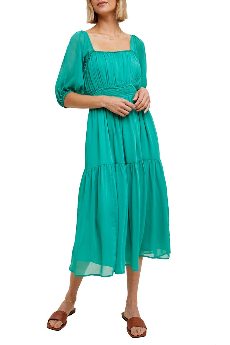 Chiffon Tiered Midi Dress, Main, color, GREEN