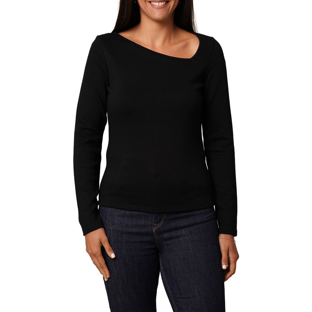 Cyrus Asymmetric Neck Long Sleeve Top In Black