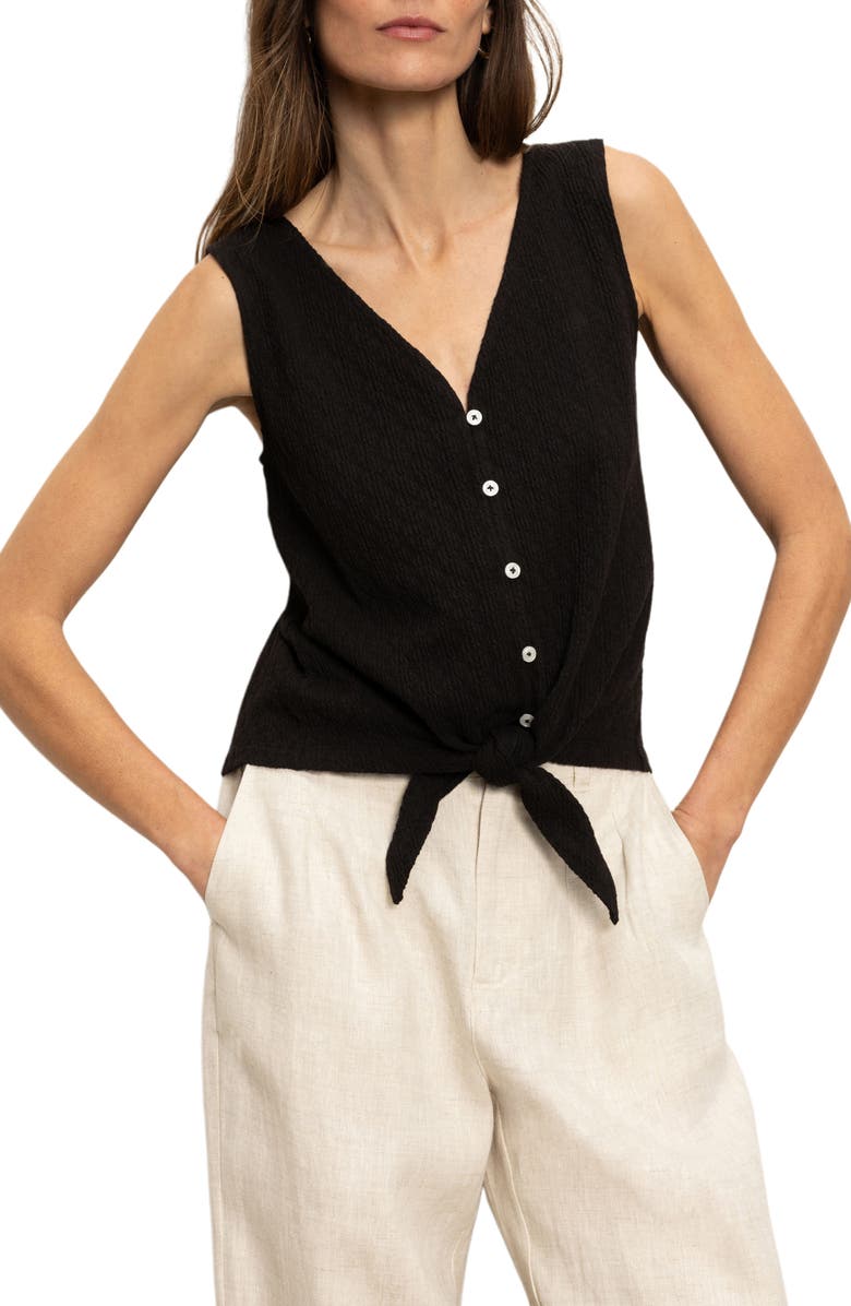 Sanctuary Vacation Textured Tie Front Button-Up Tank, Main, color, Black