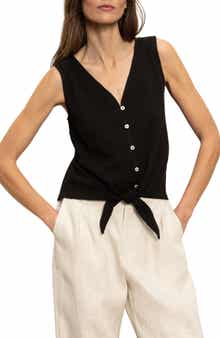 Sanctuary Vacation Textured Tie Front Button-Up Tank